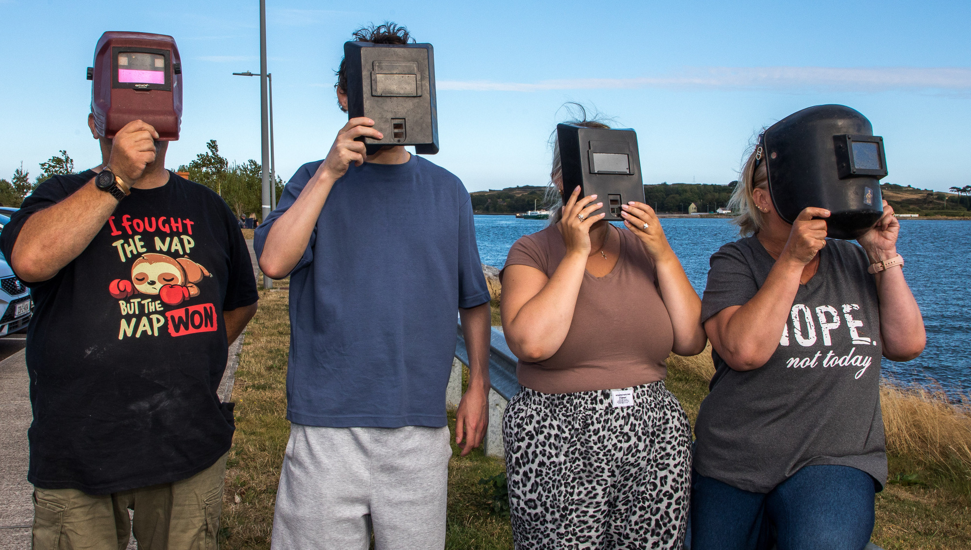 The Nolan family from Carrigaline found their own way to watch the eclipse this evening, using welders' masks to view the spectacle from Haulbowline Island, Co Cork. Picture: David Creedon