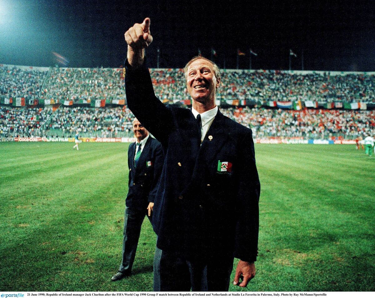 Republic of Ireland manager Jack Charlton after the Fifa World Cup 1990 Group F match between Republic of Ireland and Netherlands at Stadio La Favorita in Palermo, Italy. Picture: Ray McManus/Sportsfile Republic of Ireland manager Jack Charlton after the Fifa World Cup 1990 Group F match between Republic of Ireland and Netherlands at Stadio La Favorita in Palermo, Italy. Picture: Ray McManus/Sportsfile