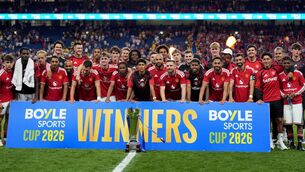 <p>CHAMPIONS: Manchester United's players celebrate with the trophy after a pre season match at Croke Park, Dublin. Pic: Niall Carson/PA Wire.</p>