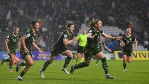 <p>Amber Barrett of the Republic of Ireland, right, celebrates after scoring her side's third goal at SuperValu Páirc Uí Chaoimh in June. Pic: Stephen McCarthy/Sportsfile</p> <p>Amber Barrett of the Republic of Ireland, right, celebrates after scoring her side's third goal at SuperValu Páirc Uí Chaoimh in June. Pic: Stephen McCarthy/Sportsfile</p>