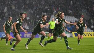 <p>Amber Barrett of the Republic of Ireland, right, celebrates after scoring her side's third goal at SuperValu Páirc Uí Chaoimh in June. Pic: Stephen McCarthy/Sportsfile</p>
