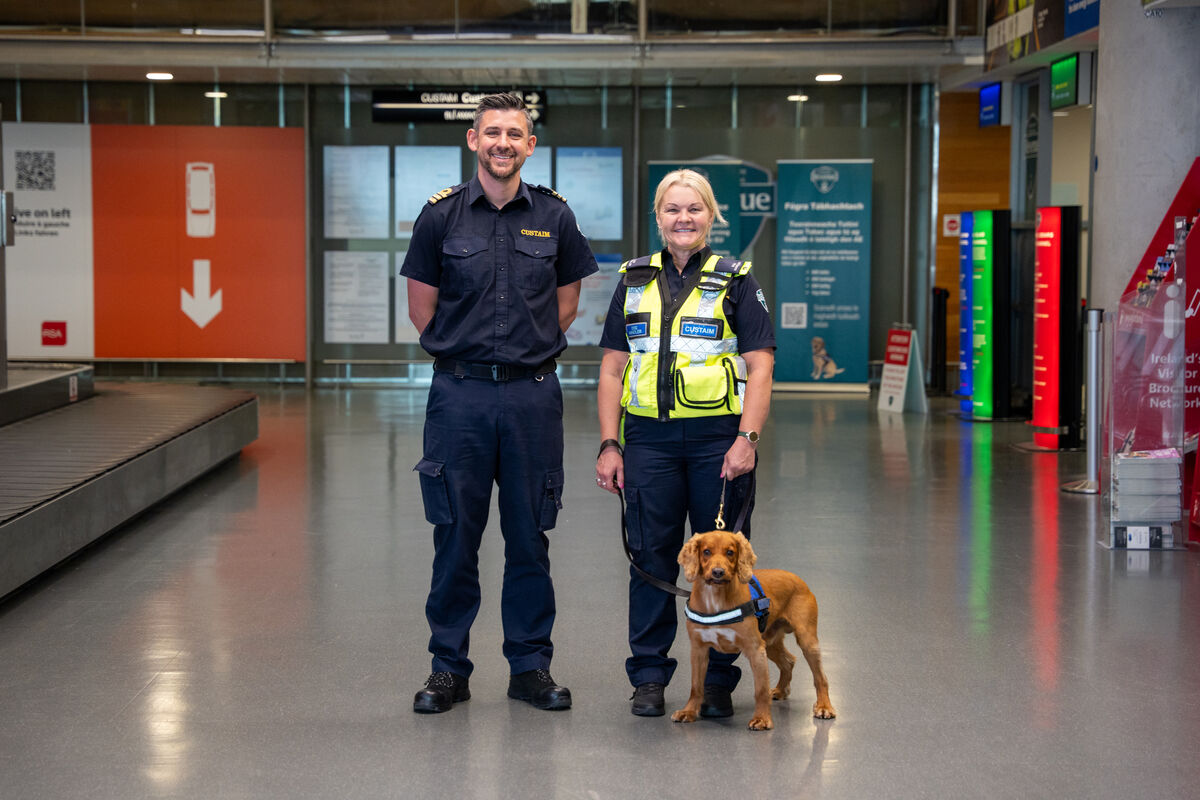 John Adams, Customs Manager at Cork Airport and Olivia O’Connor, Customs dog handler; and Rua, Customs detector dog. Picture: Noel Sweeney John Adams, Customs Manager at Cork Airport and Olivia O’Connor, Customs dog handler; and Rua, Customs detector dog. Picture: Noel Sweeney