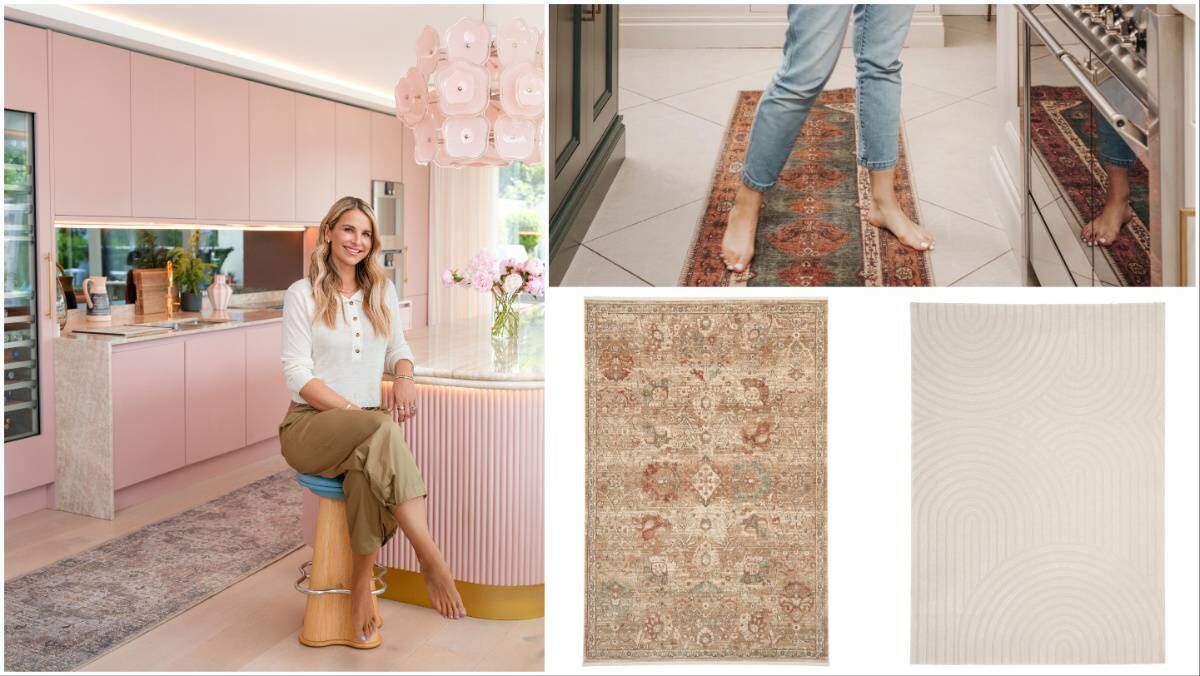 Vogue Williams in her kitchen, left, where the Cova rug is placed; top right, the Faro rug, below, the Dahlia and the Luma rugs. Vogue Williams in her kitchen, left, where the Cova rug is placed; top right, the Faro rug, below, the Dahlia and the Luma rugs.