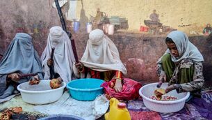 <p>Burqa clad-women sort pomegranate seeds for sun-drying at the Arghandab district in Kandahar province, Afghanistan. Picture: Sanaullah Seiam/AFP via Getty</p>