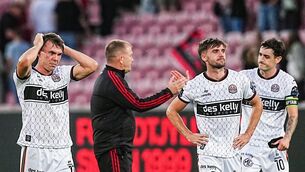<p>FINAL BOW: Bohemians players Dayle Rooney, left, and Niall Morahan react after the UEFA Conference League Third Qualifying Round first leg match between Midtjylland and Bohemians at Arena Herning in Herning, Denmark. Pic: Lars Ronborg/Sportsfile</p>