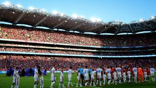 <p>FULL HOUSE: Manchester United and Leeds United players shaek hands before Wednesday's pre-season Friendly, Croke Park, Dublin. Pic: INPHO/Ryan Byrne</p>