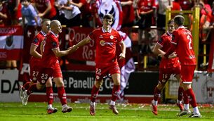 <p>LATE LEVELLER: Sean Moore of Shelbourne, centre, celebrates with teammates after scoring his side's second goal during the UEFA Conference League Third Qualifying Round second leg match between Shelbourne and Ajax at Tolka Park in Dublin. Photo by Seb Daly/Sportsfile</p>