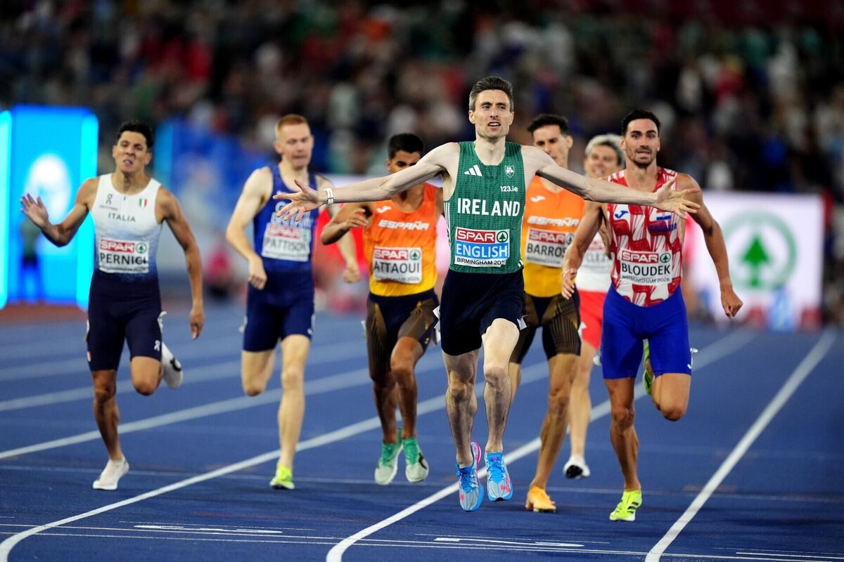 PURE CLASS: Mark English of Ireland celebrates winning the Men's 800m Final on day four of the 2026 European Athletics Championship at Perry Barr's Alexander Stadium, Birmingham. Pic: Mike Egerton/PA Wire PURE CLASS: Mark English of Ireland celebrates winning the Men's 800m Final on day four of the 2026 European Athletics Championship at Perry Barr's Alexander Stadium, Birmingham. Pic: Mike Egerton/PA Wire