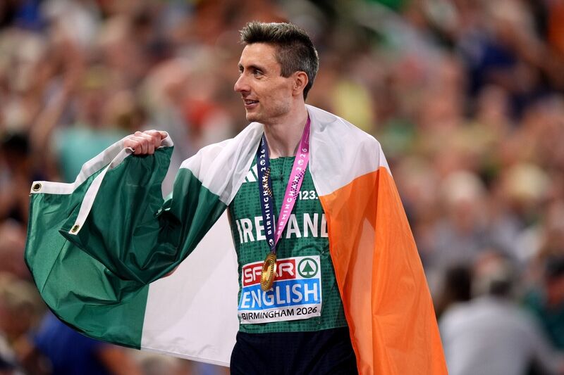 WORTH THE WAIT: Gold medalist Mark English of Ireland celebrates after winning the Men's 800m Final on day four of the 2026 European Athletics Championship at Perry Barr's Alexander Stadium, Birmingham. WORTH THE WAIT: Gold medalist Mark English of Ireland celebrates after winning the Men's 800m Final on day four of the 2026 European Athletics Championship at Perry Barr's Alexander Stadium, Birmingham.