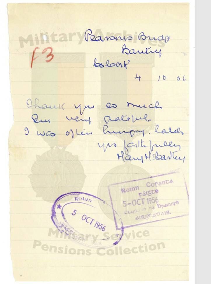 When former Cumann na mBan member Mary MacCarthy of Bantry was granted a special allowance in 1956, she wrote to thank the Department of Defence, mentioning almost in passing that she didn't have enough to eat: '[I'm] very grateful. I was often hungry lately.' Courtesy of the Military Archives/ Military Service Pensions Collection