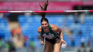 <p>Kate O'Connor of Ireland celebrates after clearing 1.83m in the high jump during the women's heptathlon during day five of the European Athletics Championships 2026 at Alexander Stadium in Birmingham, England. Photo by Sam Barnes/Sportsfile</p>