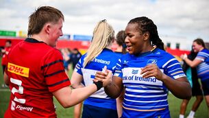 <p>Linda Djougang of Leinster hugs Beth Buttimer of Munster. Pic: Shauna Clinton/Sportsfile</p> <p>Linda Djougang of Leinster hugs Beth Buttimer of Munster. Pic: Shauna Clinton/Sportsfile</p>
