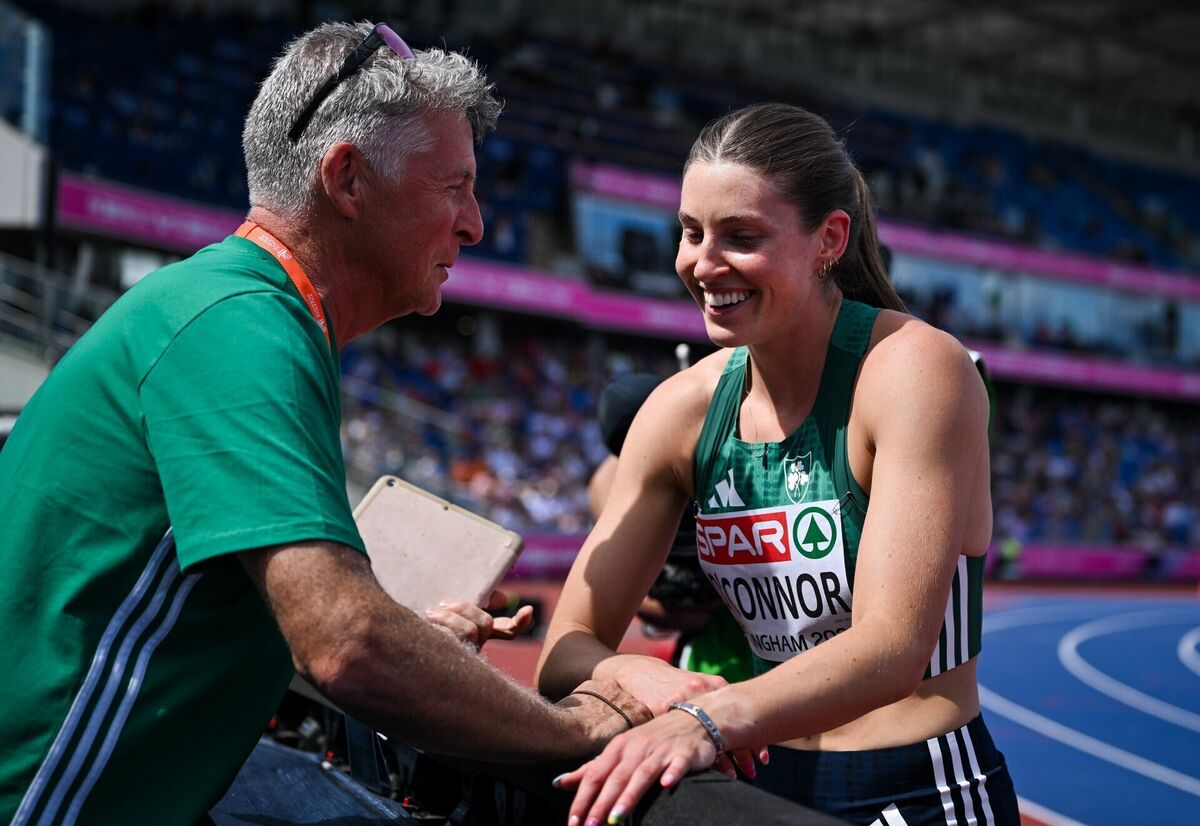 Kate O'Connor of Ireland celebrates with her coach and father Michael O'Connor after clearing 1.86m in the high jump during the women's heptathlon during day five of the European Athletics Championships 2026 at Alexander Stadium in Birmingham, England. Photo by Sam Barnes/Sportsfile Kate O'Connor of Ireland celebrates with her coach and father Michael O'Connor after clearing 1.86m in the high jump during the women's heptathlon during day five of the European Athletics Championships 2026 at Alexander Stadium in Birmingham, England. Photo by Sam Barnes/Sportsfile