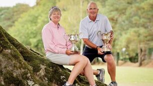 <p>Winners of the Whirlpool Irish Senior Men's Women's Amateur Close Championships Alan Condren and Tracy Eakin at Enniscorthy Golf Club. Credit: Inpho / Laszlo Geczo</p>