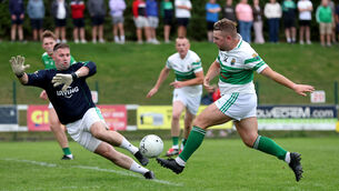 <p> Ray Savage, Aghada goalkeeper, puts pressure on the early first half goal chance by Dylan Twomey, Macroom. Pic: Jim Coughlan.</p> <p> Ray Savage, Aghada goalkeeper, puts pressure on the early first half goal chance by Dylan Twomey, Macroom. Pic: Jim Coughlan.</p>