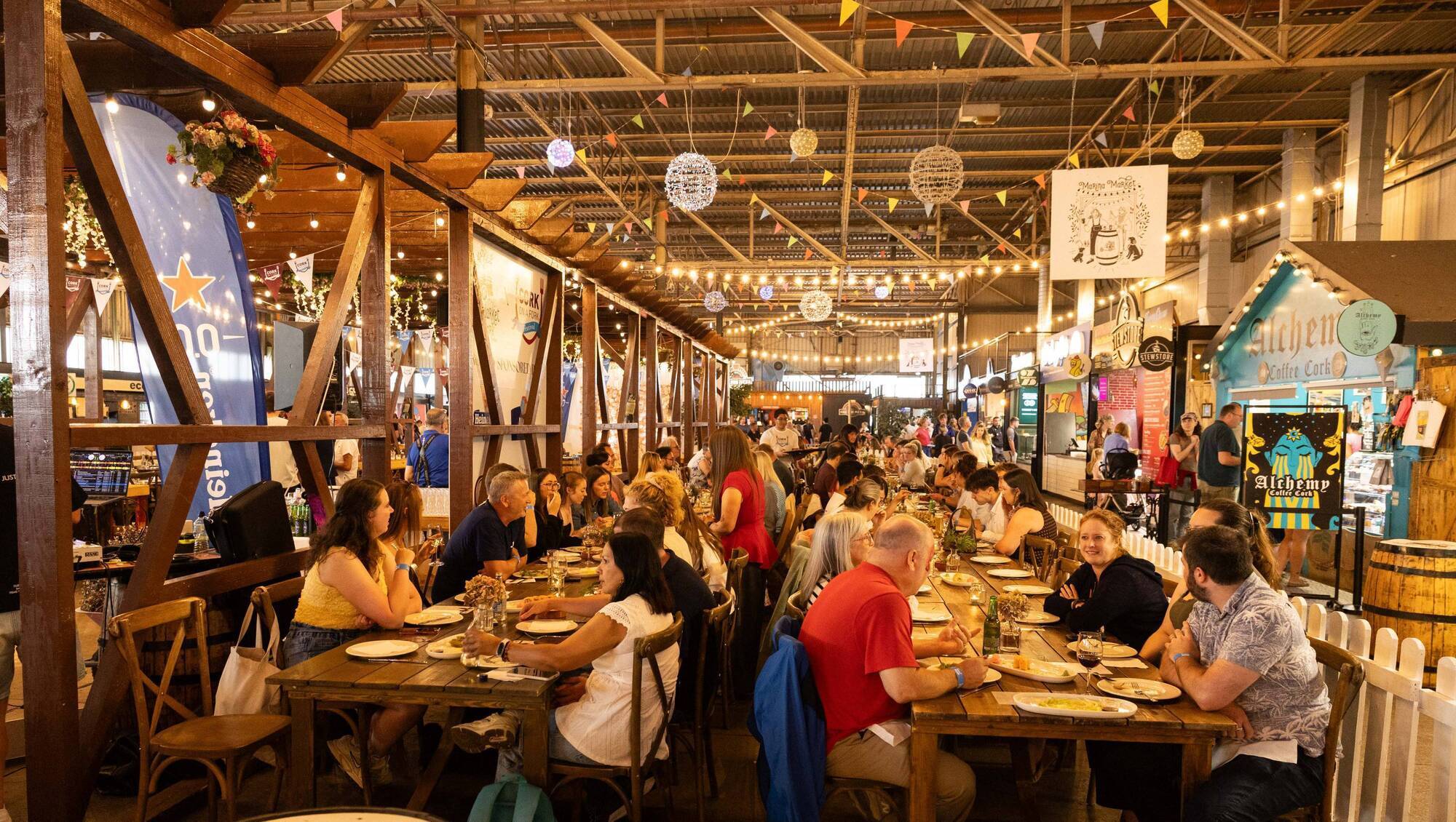 Guests enjoying a fun, alcohol-free big table dinner in Marina Market during Cork on a Fork Festival. Pictures: Darragh Kane