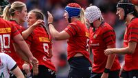 Clodagh O’Halloran celebrates with Aoife Corey after scoring her side's fifth try 15/8/2026
