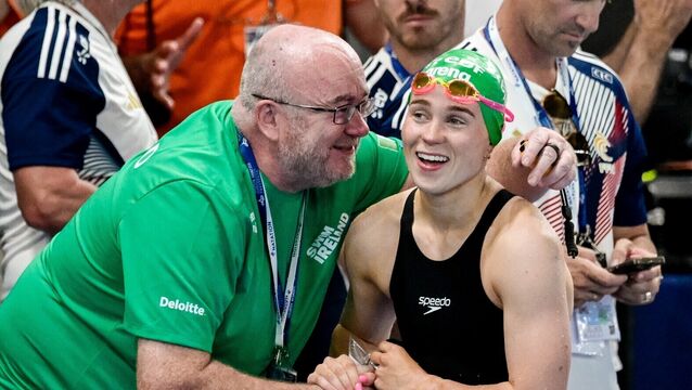 <p>Ellen Walshe of Ireland celebrates with her trainer Brian Sweeney after winning the 200m individual medley final at the European Aquatics Championships. Pic: ©INPHO/Giorgio Scala</p>