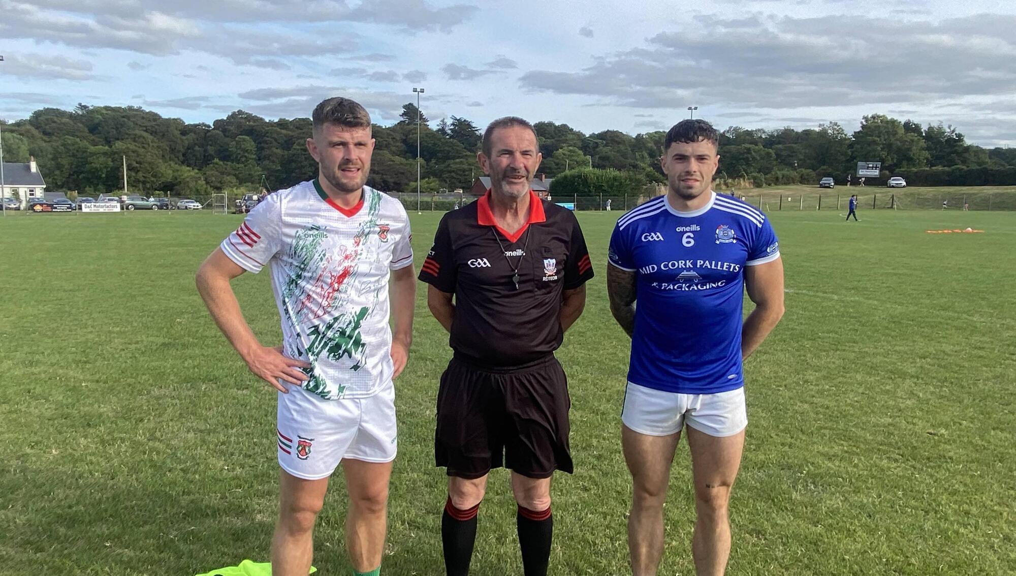 Ballinora captain Mike Lordan, match referee Brian Coniry (Crosshaven) and Naomh Abán captain Seán Ó Riordáin, ahead of the McCarthy Insurance Group Cork Premier IFC game in Carrigadrohid