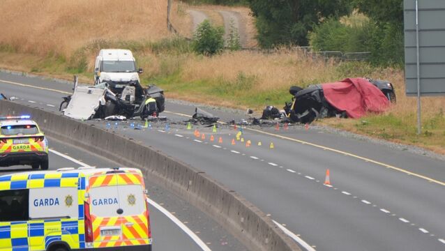 <p>The scene of the crash on the M9 northbound at Junction 3 in Co Kildare. Picture: Niall Carson/PA Wire</p>