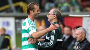<p>Celtic's Benjamin Nygren greets manager Martin O'Neill as he is substituted off. Pic: Steve Welsh/PA Wire.</p>
