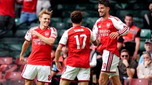 <p>Arsenal's Martin Odegaard (left) celebrates scoring their side's third goal of the game during the FA Community Shield match at the Principality Stadium, Cardiff. Picture: Adam Davy/PA Wire. </p> <p>Arsenal's Martin Odegaard (left) celebrates scoring their side's third goal of the game during the FA Community Shield match at the Principality Stadium, Cardiff. Picture: Adam Davy/PA Wire. </p>