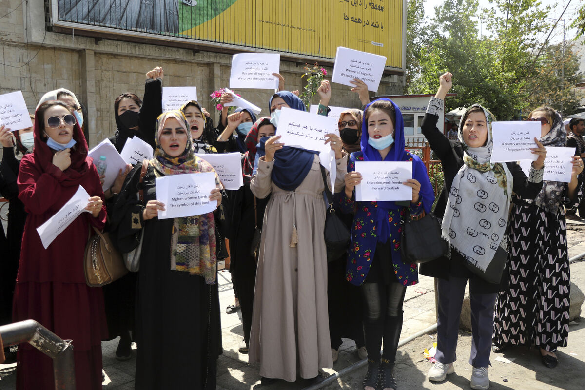 Women taking part in a rally in Kabul protesting restrictions on women and girls on September 3, 2021, shortly after the Taliban took control of the country. Picture: Wali Sabawoon/AP 