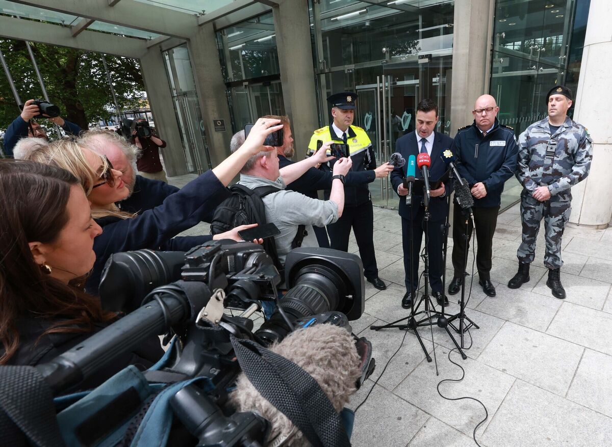 Garda Superintendent Liam Geraghty, Detective Superintendent Joe O’Reilly, Revenue Customs Service officer Shane Conway, and Jason O’Brien of the Irish Naval Service speaking to the media after eight men were sentenced to 13-20 years in prison for their roles in Ireland’s largest-ever drug seizure of €157m cocaine. Picture: Leah Farrell/RollingNews