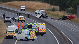 <p>The scene where multiple people died in a car crash on the M9 Motorway in Kildare. It is believed that on of the cars was travelling the wrong way on the Northbound carraigeway. Photo: Eamon Farrell/©RollingNews.ie</p> <p>The scene where multiple people died in a car crash on the M9 Motorway in Kildare. It is believed that on of the cars was travelling the wrong way on the Northbound carraigeway. Photo: Eamon Farrell/©RollingNews.ie</p>