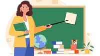 Online learning concept. Female teacher with books and chalkboard video lesson. Computer screen with female teacher in classroom