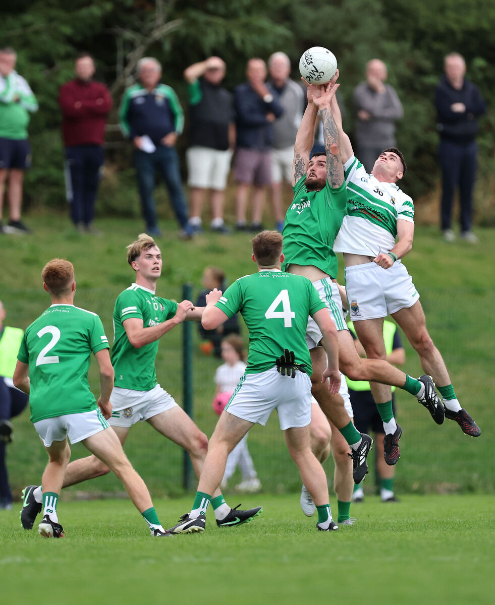 Aghada's Joe McKenna and Macroom's Noe Kollar battle for the high ball. Pic: Jim Coughlan. Aghada's Joe McKenna and Macroom's Noe Kollar battle for the high ball. Pic: Jim Coughlan.