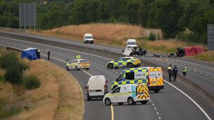 <p>The scene on the M9 northbound at Junction 3 in Co Kildare where a number of people have died and others were seriously injured after a head-on collision between two cars. Picture: Niall Carson/PA</p>