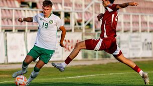 <p>Joe O'Brien Whitmarsh of Republic of Ireland in action against Mohammed Abdulla M J Al-Ishaq of Qatar during the U21 international friendly match between Qatar and Republic of Ireland at Gradski Stadion in Zagreb, Croatia. Photo by Gerry Scully/Sportsfile</p>