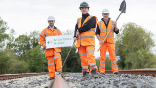 <p>(Left to right) Oliver Ternery of the Irish Rail project, Martha Mares of OCSC and Declan Maher of Cara Plant Hire at the launching of construction of the temporary Adare Station for the Ryder Cup. Picture: Paul Sharp/SHARPPIX</p>