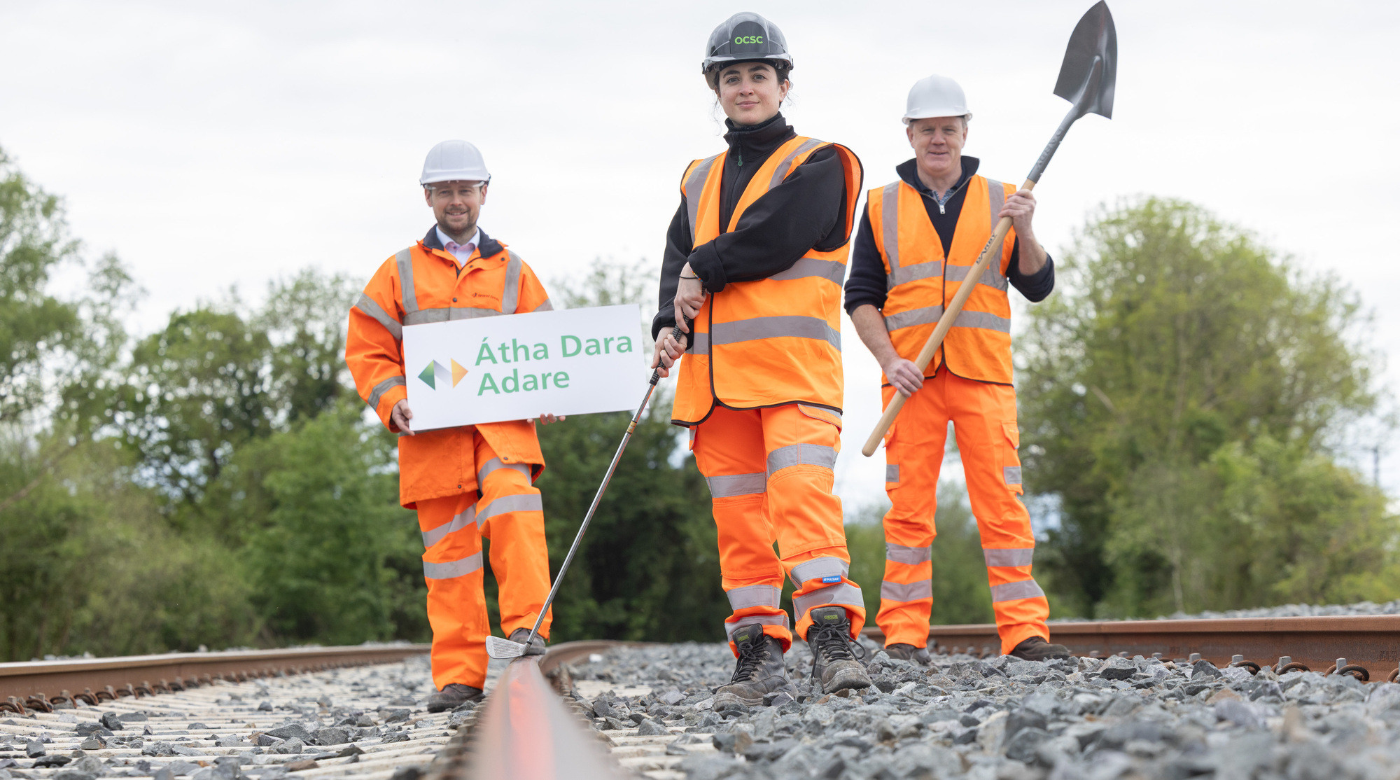 (Left to right) Oliver Ternery of the Irish Rail project, Martha Mares of OCSC and Declan Maher of Cara Plant Hire at the launching of construction of the temporary Adare Station for the Ryder Cup. Picture: Paul Sharp/SHARPPIX