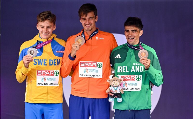 On the podium for the men's 1500m at the European Athletics Championships are silver medallist Samuel Pihlström of Sweden, gold medallist Stefan Nillessen of Netherlands and bronze medallist Andrew Coscoran of Ireland. Pic: Sam Barnes/Sportsfile On the podium for the men's 1500m at the European Athletics Championships are silver medallist Samuel Pihlström of Sweden, gold medallist Stefan Nillessen of Netherlands and bronze medallist Andrew Coscoran of Ireland. Pic: Sam Barnes/Sportsfile