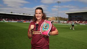 <p>CHAMP CHAMP: Boxer Chantelle Cameron with her WBO female Super Welterweight Title Belt prior to the Sky Bet League Two 2026/27 match between Northampton Town and Swindon Town at Sixfields on August 15, 2026 in Northampton, England. (Photo by Pete Norton/Getty Images)</p>