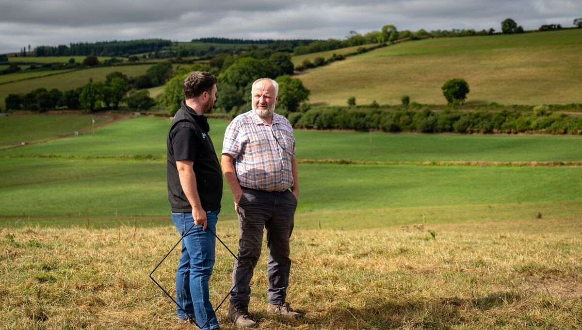 (L-R) Tim Casey and Brian Duncan survey scorched fields on Brian’s farm in East Cork as the ongoing drought leaves grass in poor condition. Picture: Chani Anderson (L-R) Tim Casey and Brian Duncan survey scorched fields on Brian’s farm in East Cork as the ongoing drought leaves grass in poor condition. Picture: Chani Anderson