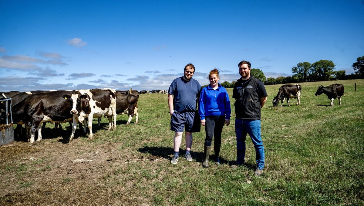 (L-R) Mike Kenny, Rachel Kenny and Tim Casey, chat in a field on the East Cork farm as the ongoing drought puts increasing pressure on the farm and its herd. Picture: Chani Anderson (L-R) Mike Kenny, Rachel Kenny and Tim Casey, chat in a field on the East Cork farm as the ongoing drought puts increasing pressure on the farm and its herd. Picture: Chani Anderson