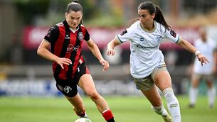 <p> Olivia Damico of Shelbourne in action against Aoibhe Brennan of Bohemians during the Club Orange Women's FAI Cup quarter-final. Pic: Seb Daly/Sportsfile</p>