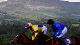 <p>Seven Towers and Keith Donoghue (purple & yellow) win the Solar Generation Maiden Hurdle beneath Mount Benbulben. Pic: HEALY RACING</p> <p>Seven Towers and Keith Donoghue (purple & yellow) win the Solar Generation Maiden Hurdle beneath Mount Benbulben. Pic: HEALY RACING</p>