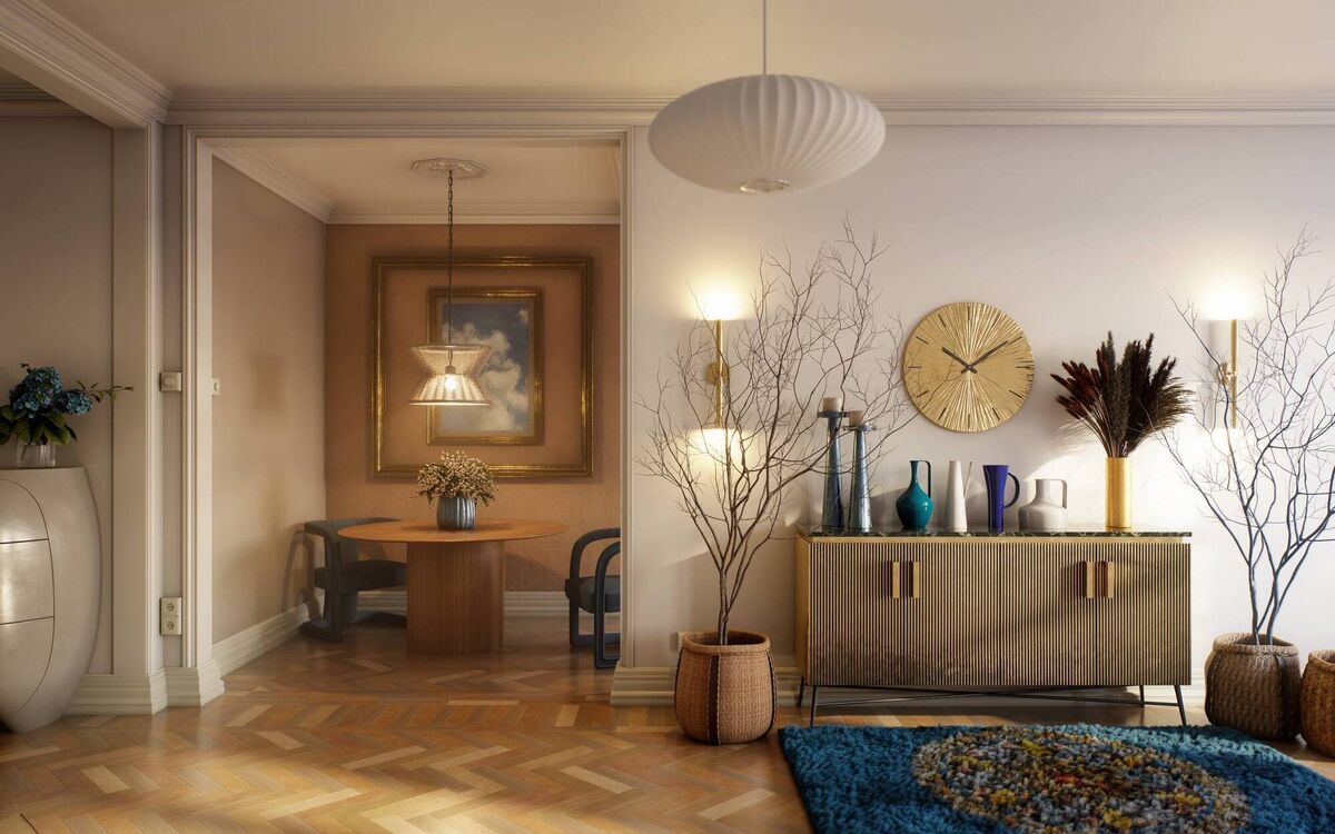 A digitally generated, sophisticated mid-century modern living room, complemented by contemporary accents. File picture
