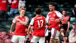 <p>Arsenal's Martin Odegaard (left) celebrates. Pic: Adam Davy/PA Wire.</p> <p>Arsenal's Martin Odegaard (left) celebrates. Pic: Adam Davy/PA Wire.</p>
