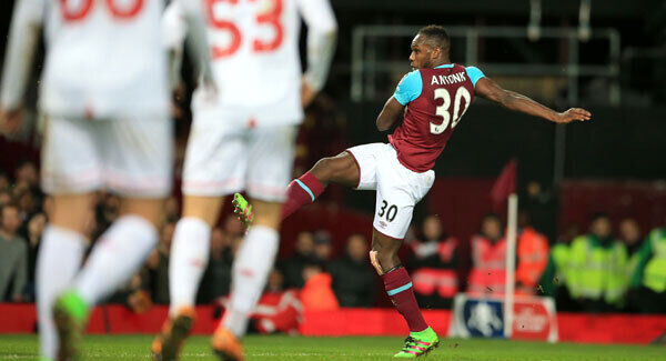 West Ham United's Michail Antonio scores his side's first goal at Upton Park. Photo: Nick Potts/PA