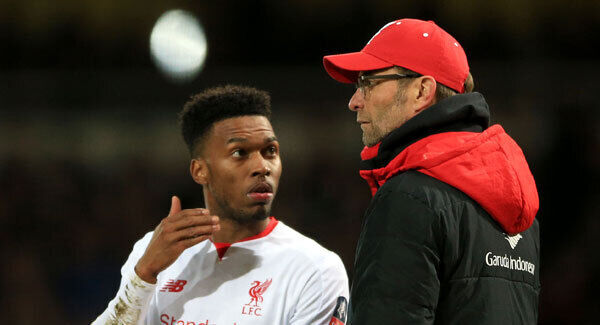 Liverpool's Daniel Sturridge speaks with manager Jurgen Klopp at Upton Park. Photo: Nick Potts/PA