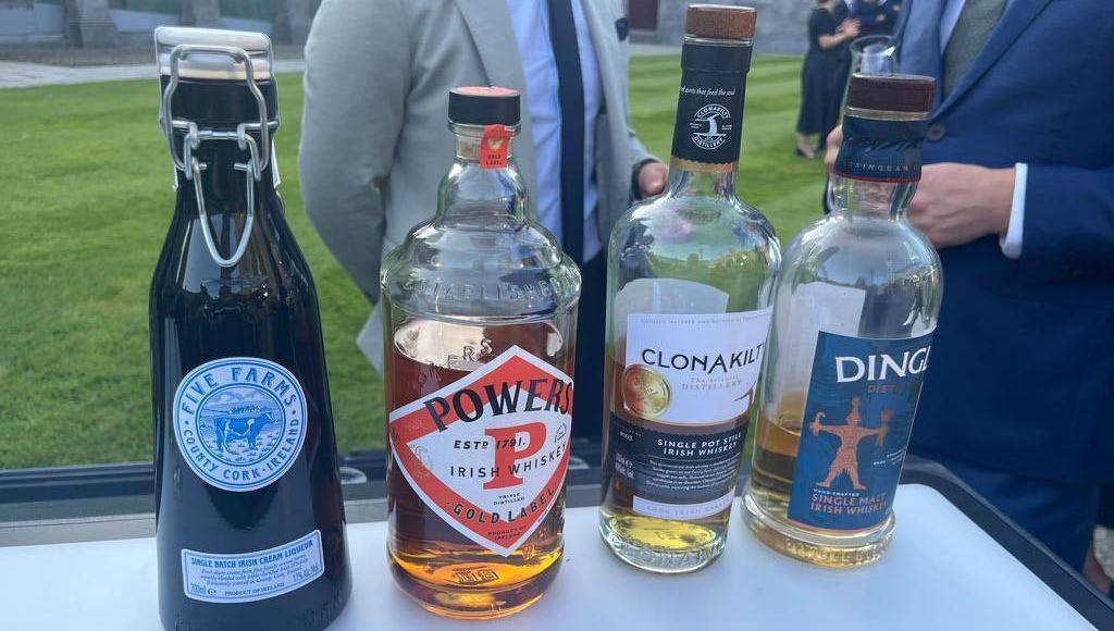 Spirits including Five Farms Irish Cream, Powers Irish Whiskey, Clonakilty Irish Whiskey, and Dingle Irish Whiskey on display at a showcase to mark Ireland's EU presidency. A record 16.46m cases of Irish whiskey were sold globally in 2025.