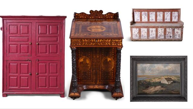 <p>An 18th-century painted larder, a Killarney Davenport, a three-seater settle bench and a John Crampton Walker painting at James Adam. </p>