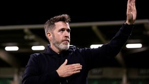 <p>Shamrock Rovers' Manager Stephen Bradley acknowledges the fans after the game. Pic: INPHO/Laszlo Geczo</p> <p>Shamrock Rovers' Manager Stephen Bradley acknowledges the fans after the game. Pic: INPHO/Laszlo Geczo</p>