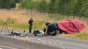 <p>One of the vehicles at the scene of the crash on the M9 northbound at Junction 3 in Co Kildare last Sunday. Five teenagers in one car lost their lives while members of a family whose car they crashed into suffered serious injuries. Picture: Niall Carson/PA</p>