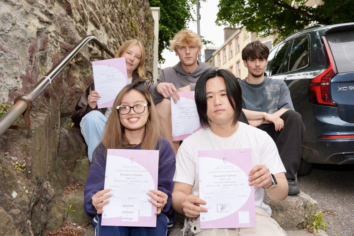 Leaving Cert students at Bruce College who sat various modern international languages papers: Front row: May You and Tian Linmu who sat Mandarin Chinese. Back from left: Mija Leonovaite who sat Lithuanian; Francisek Jabkiewicz who sat Polish; and Serban Pavel who sat the Romanian paper. Picture: Noel Sweeney